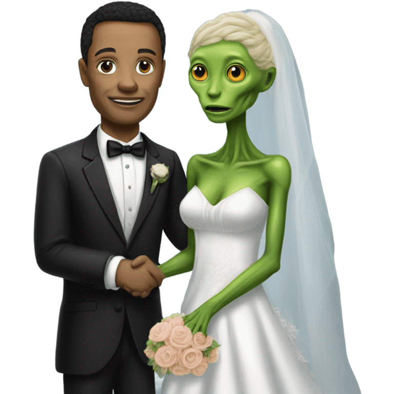 humman man in a tuxedo holding, Alien reprilian woman in wedding dress, and one , hands getting married emoji