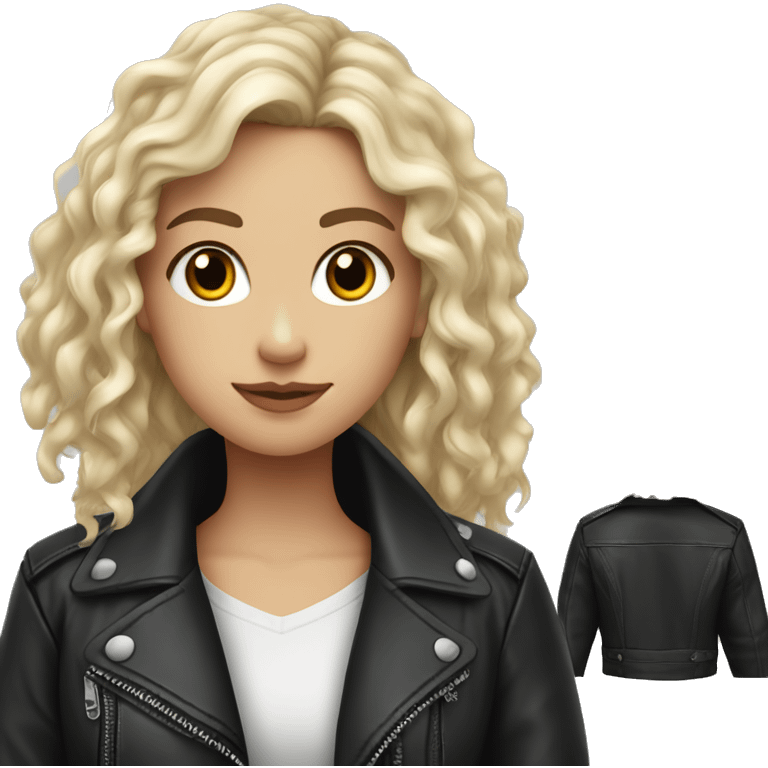 White girl, with long curly black hair, wearing leather jacket emoji