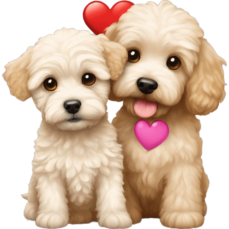 Maltipoo and a golden doodle puppy together with a heart emoji