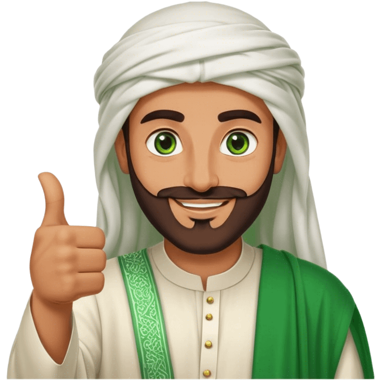 Tanned Arab Saudi man with green eyes and a beard, wearing traditional attire, smiling and giving a big thumbs-up emoji