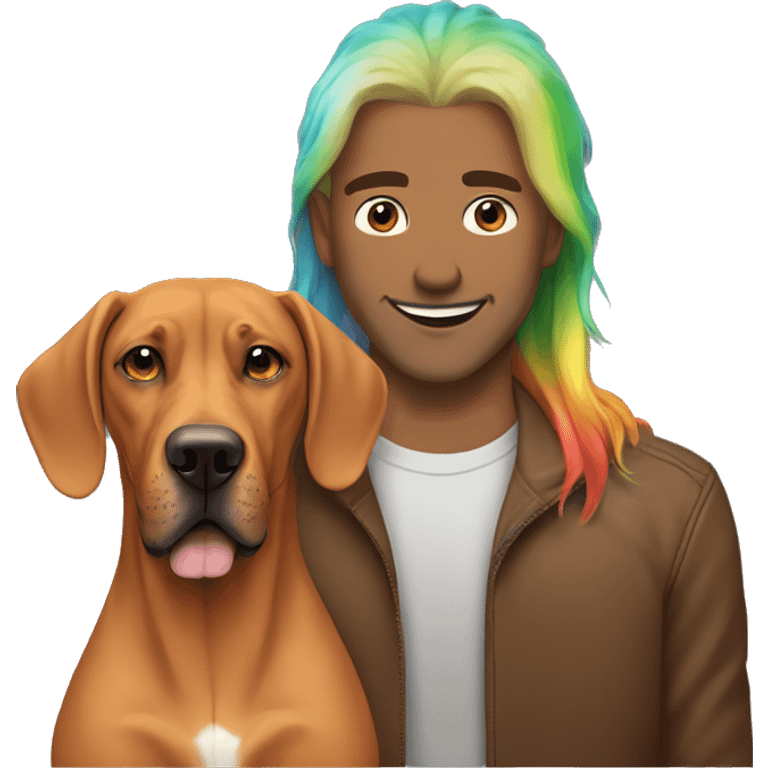 white male with long rainbow colored hair alongside a brown rhodesian ridgeback emoji