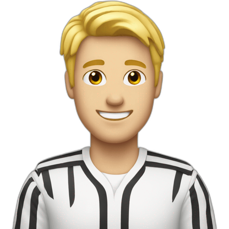 blonde guy wearing a white shirt with two black stripes in each side smiling emoji