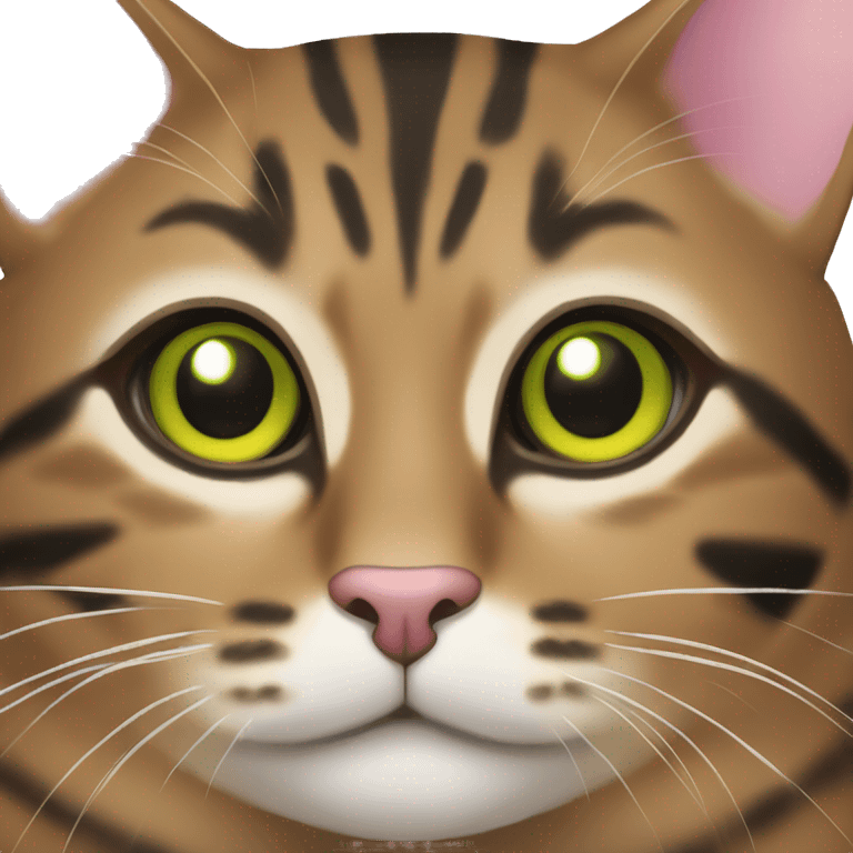 brown tabby cat with black stripes and yellow-green eyes and pink nose and white mouth emoji