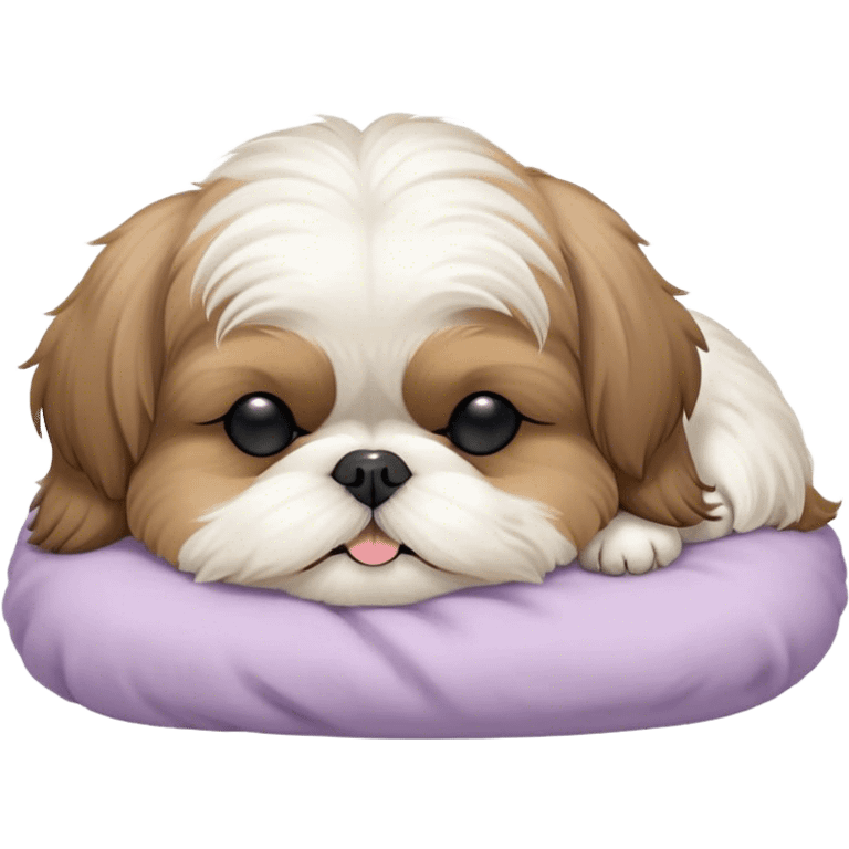 Meme-Worthy Cute Sleeping Shih Tzu Portrait Emoji, Head resting peacefully with a tender, contented smile and eyes delicately closed in serene slumber, showcasing a luxuriously fluffy fur in soft pastel tones, simplified yet irresistibly adorable, highly detailed, glowing with a warm, drowsy radiance, high shine, exuding calm, cozy charm, styled with a gentle, soft glowing outline, capturing the essence of a sleeping Shih Tzu that radiates utterly adorable, sleepy bliss! emoji