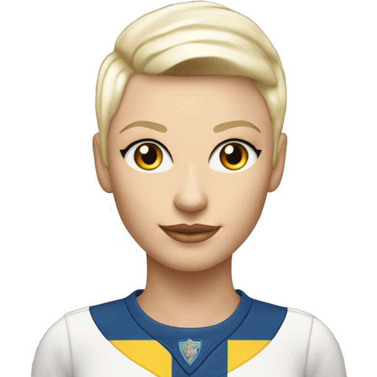 Jesse Maley pretty older white Swedish looking Playboy model stylefemale with platinum blonde, pixie, cut haircut and golden skin and aleeds united shirt and badge emoji