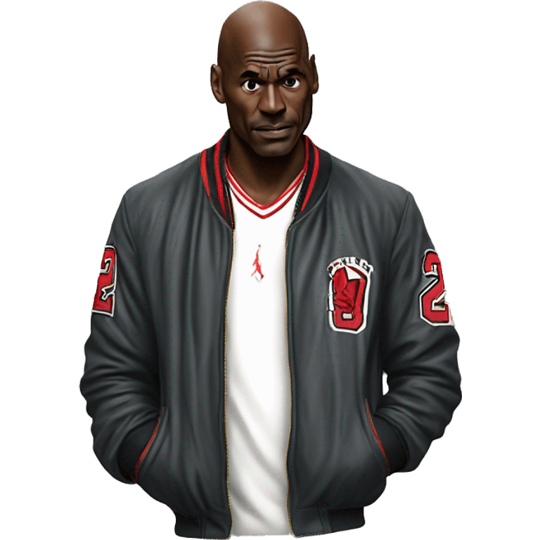 Michael Jordan in a jacket holds his head and is sad photorealistic serious emoji