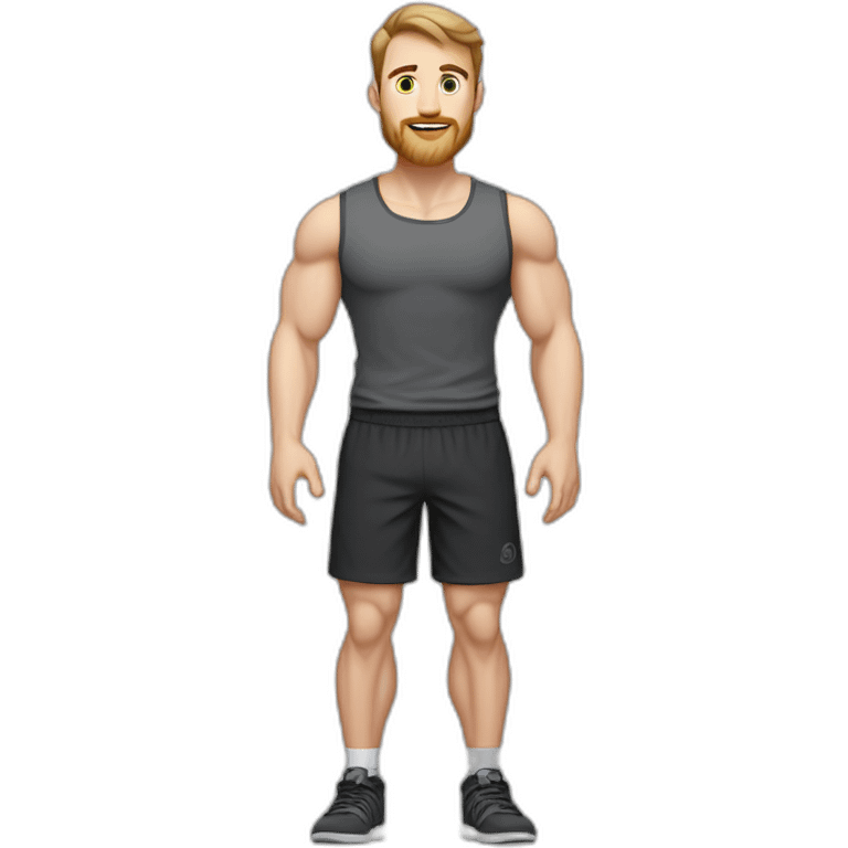 Full height Pale skinned fit man With biceps, Realistic eyes and mouth, light brown hair and stubble In dark gray sleeveless mike, black oversize sports shorts, watch and white sneakers. emoji