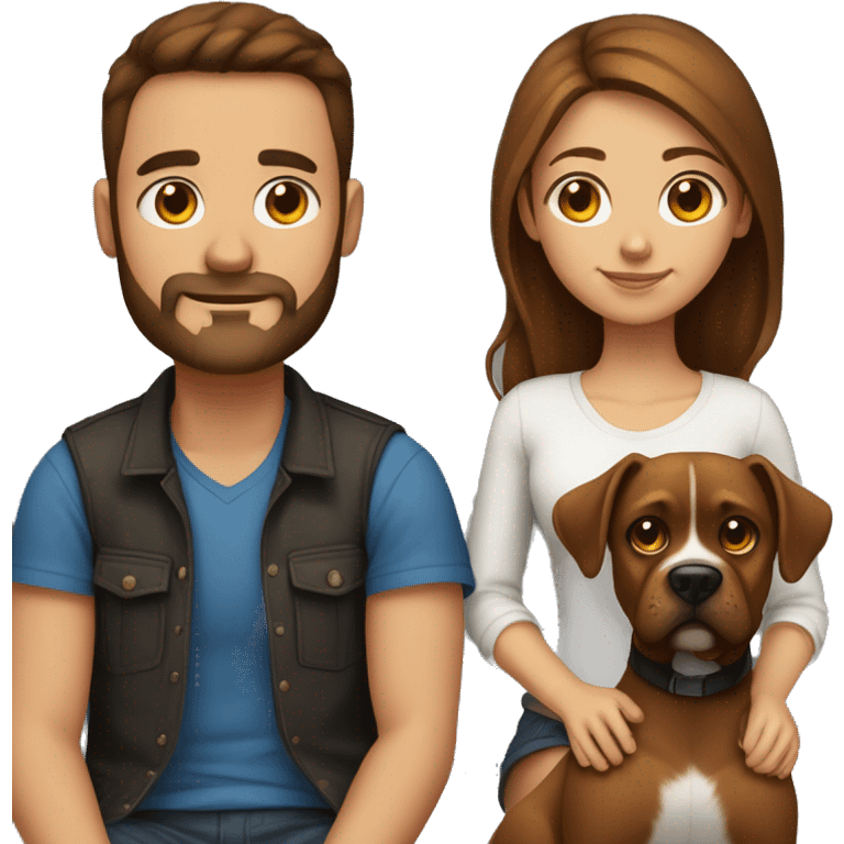 a girl with brown hair, a man with short buzz brown hair with a beard, sitting, with two brown boxer dogs emoji