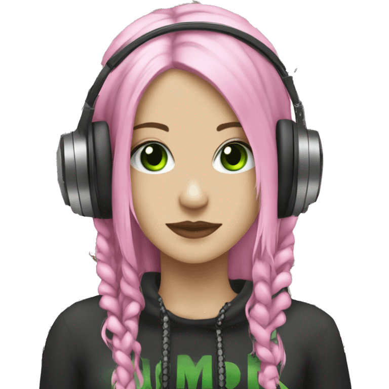 White skinned woman, green eyes, black dreadlocks, pink headphones, gothic, grunge, punk emoji