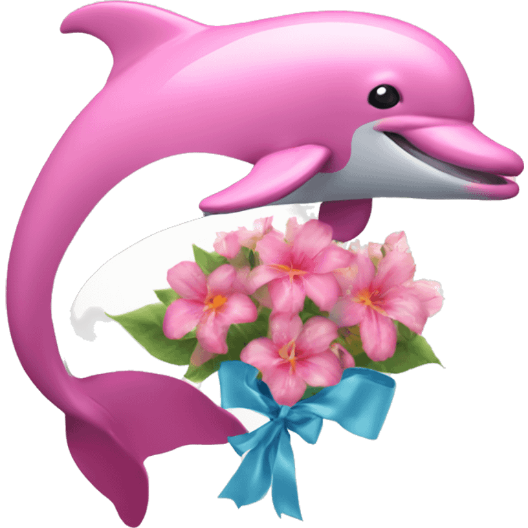 pink dolphin with flowers holding a photo card emoji