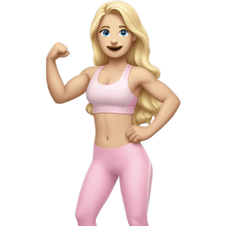 Woman, white skin, pale skin, long hair, blonde hair, blue eyes, wavy hair, baby pink sports bra, baby pink leggings, flexing one arm up emoji