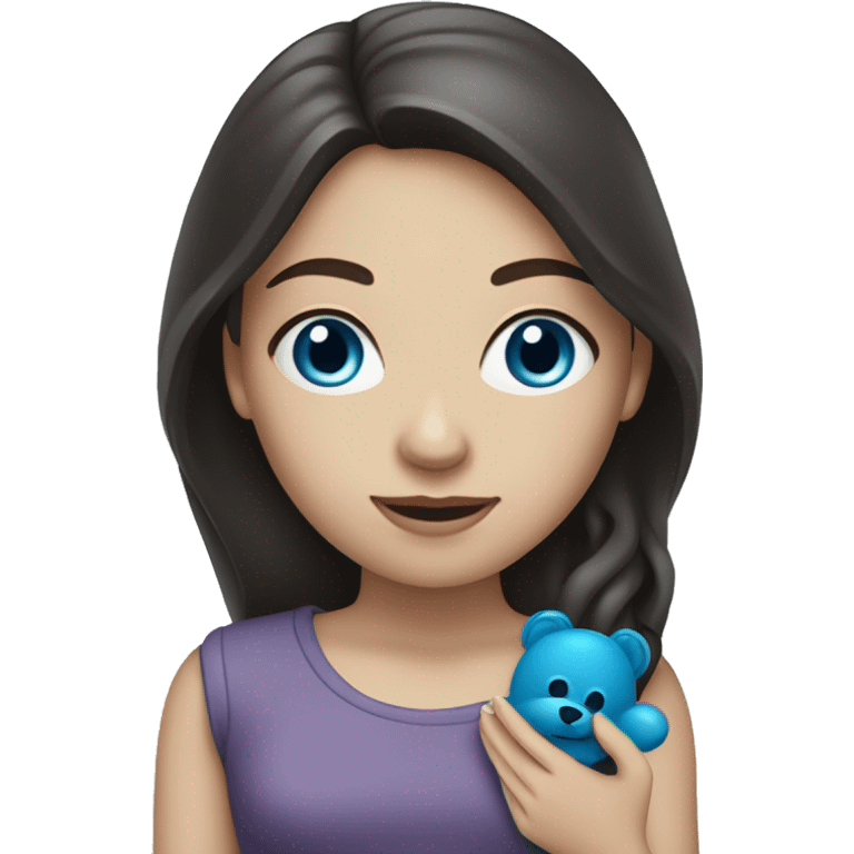 white girl with long dark hair, with blue eyes holding a toy doodle  emoji