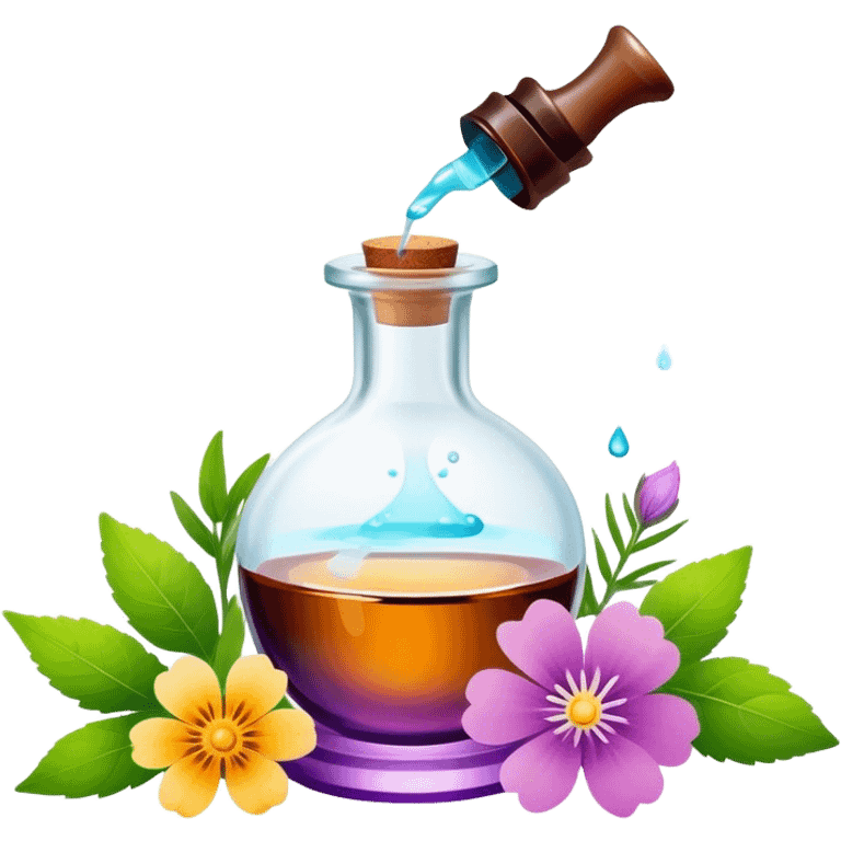 Perfume making icon, delicate glass bottle being filled with colorful essential oils from droppers, swirling mist rising from the bottle, flowers and herbs nearby, minimalistic style, clean lines, transparent background. emoji