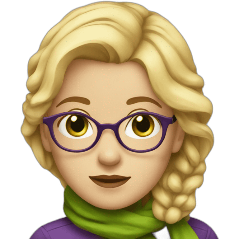 A girl with blonde medium hair and green eyes with glasses with purple scarf  emoji