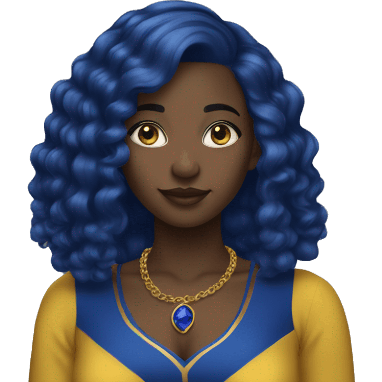 1 Black Girl with straight royal  blue hair with yellow gold and royal blue dress emoji