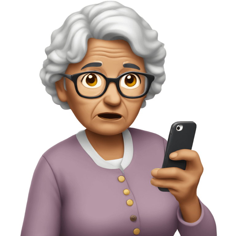 Confused grandma holding an iPhone emoji