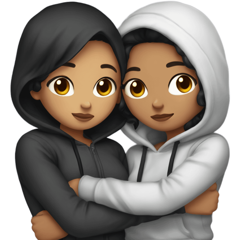 create a emoji of two girls who are girlfriends hugging. One of the is chinese with black short hair and the other one has curly hazel hair. Both wears hoodies in a streetwear way emoji