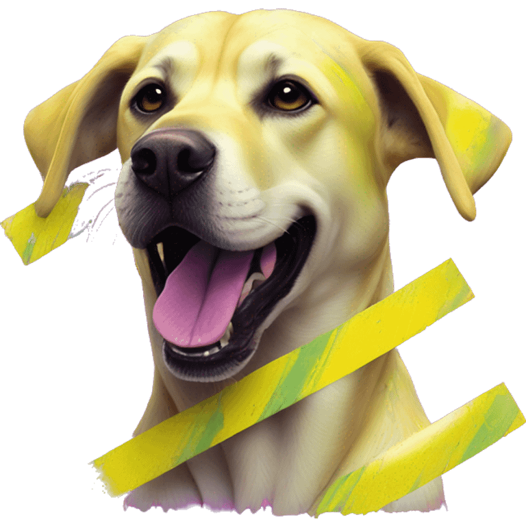 .Zombie_ Vaporwave black holographic oilslick zombie yellow Labrador zombie dog yellow caution tape graffiti stripes yellow stripes emoji