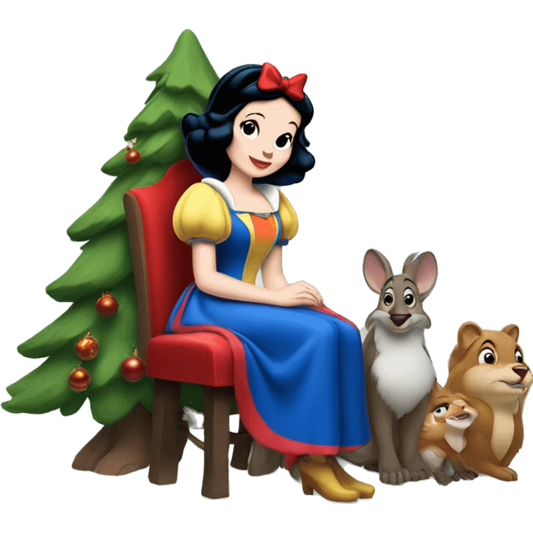 Disney snow white sitting with forest animals and Christmas tree  emoji