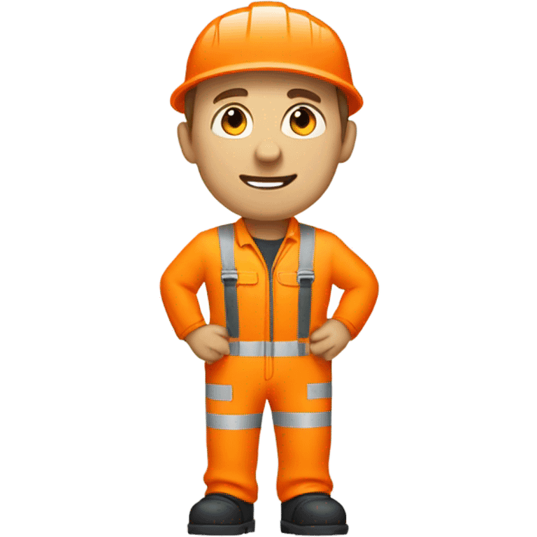 Caucasian male standing wearing orange hi visibility overalls  emoji