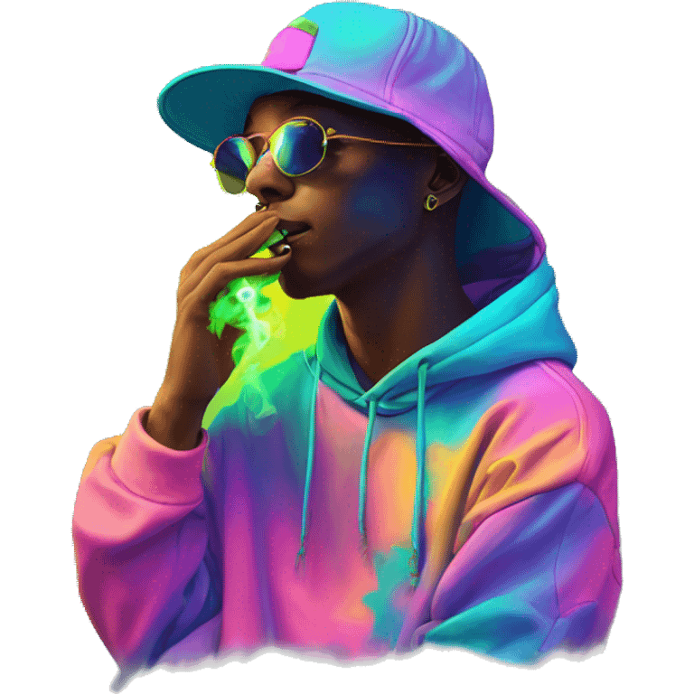 Multicoloured neon person smoking wearing hoodie dancing hip hop bucket hat tropical Skater fashion aesthetic baggy clothes graphic t shirt 420 emoji