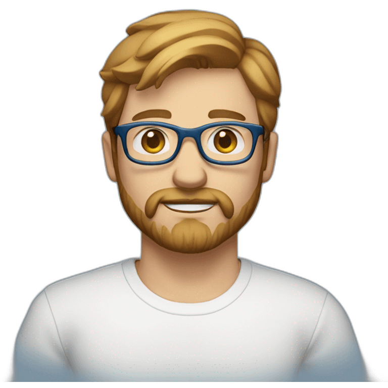 man with short light brown hair, beard and mustache and glasses, blue eyes, white t-shirt and blue jeans emoji