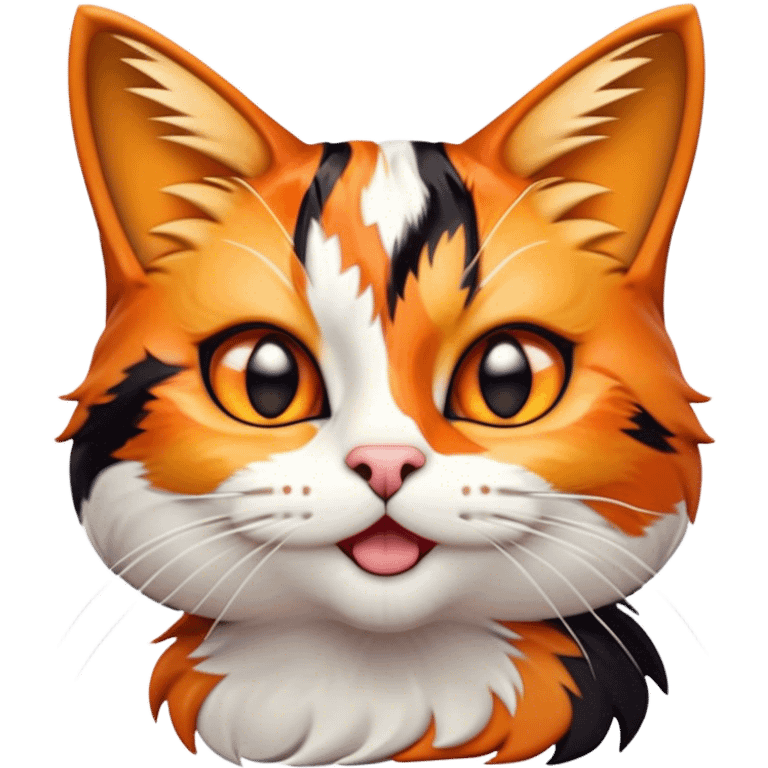 Cinematic Comical Calico Cat Portrait Emoji, Head tilted dramatically with an exaggeratedly surprised expression, showcasing a vibrant patchwork fur of orange, black, and white with wide, comically expressive eyes, simplified yet hilariously detailed, glowing with a sassy, golden radiance, high shine, exuding playful mischief and cheeky feline attitude, styled with a soft glowing outline, capturing the essence of a calico cat that looks ready to leap off the screen with mischievous flair! emoji