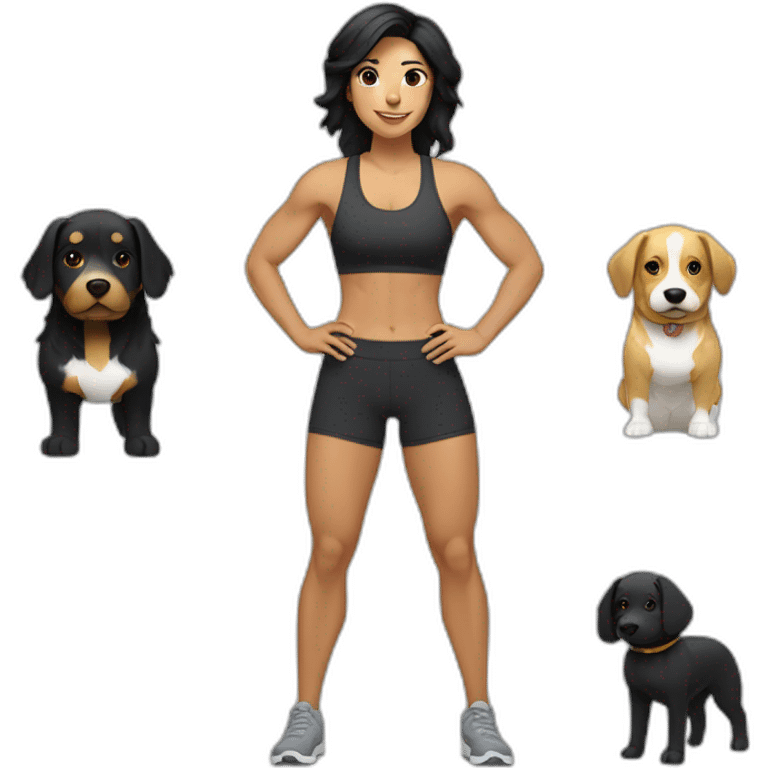 crossfit woman with black hair, white and doing lowering. And a golden race dog at her side emoji