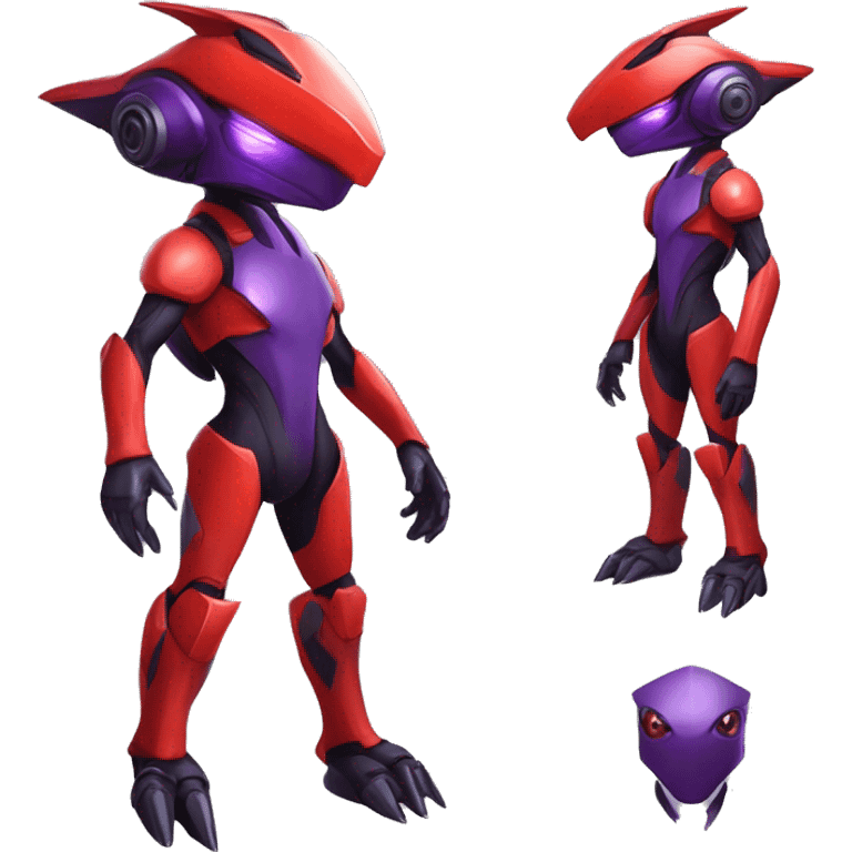 a shiny black-red-purple Genesect-Raptor-Fakémon—hybrid with a futuristic visor-helmet full body emoji