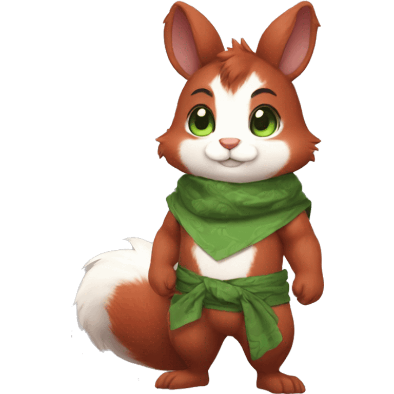 Cute, Chibi, chubby, fluffy, Kemono-style, Anthro, Fur-Sona, Dark-Red, Squirrel-Rabbit-hybrid-Fakémon, with a green bandana, full body emoji