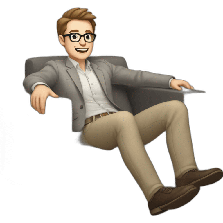 Joyful Celebrating victory Pale skinned Fit Man With dark brown hair in gray jacket, beige office shirt, Brown pants and vintage glasses sitting In a soft chair emoji