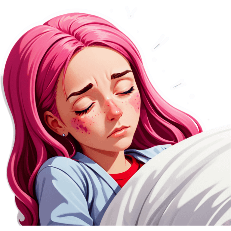 Young Woman with long pink hair In bed with sinus pain  emoji