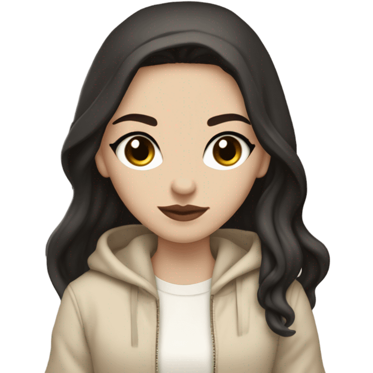 cool pale skinned girl with a bit wavy long black hair, dark brown hooded eye and clean girl make up in a beige and white old money outfit emoji