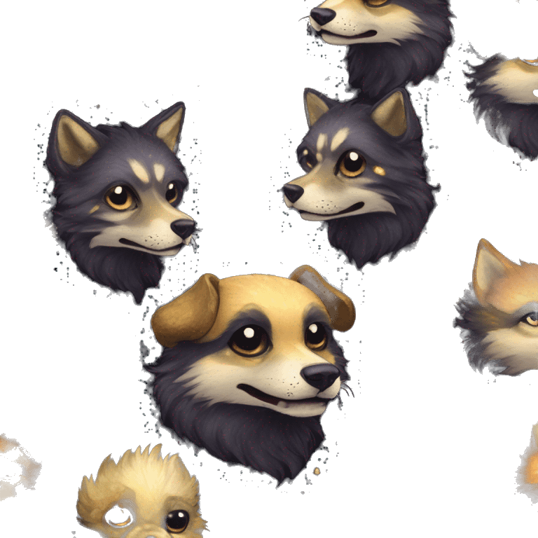 Black iridescent fluffy dog fox head zombie skeleton gold mechanical nebula galaxy stars flowers fairy lights vintage emoji