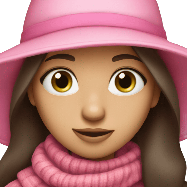 A girl with green eyes and long dark brown hair wearing a pink hat with pop mom and scarf emoji