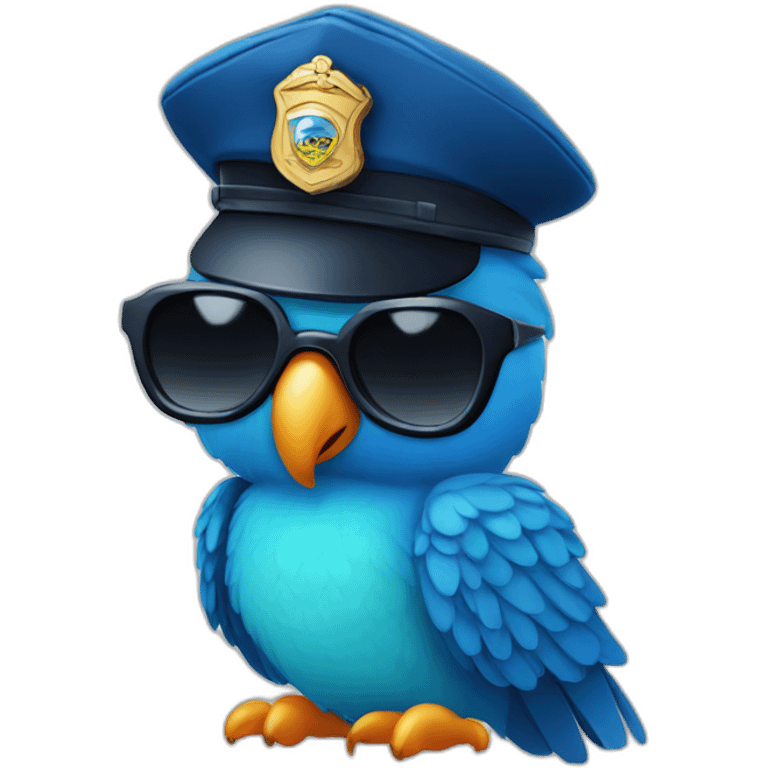 close up view of cute blue parrot in police hat and dark glasses emoji