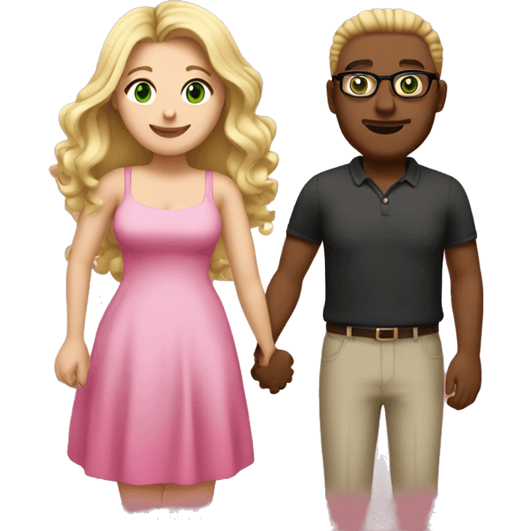 Curvy woman with long blonde hair and green eyes wearing a pink dress and holding hands with a brown man with short curly black hair and glasses emoji