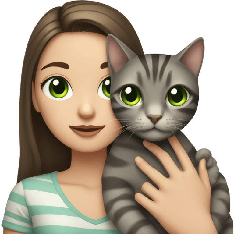 Brunette girl with green eyes, holds a gray, striped, brown-eyed cat in her arms emoji