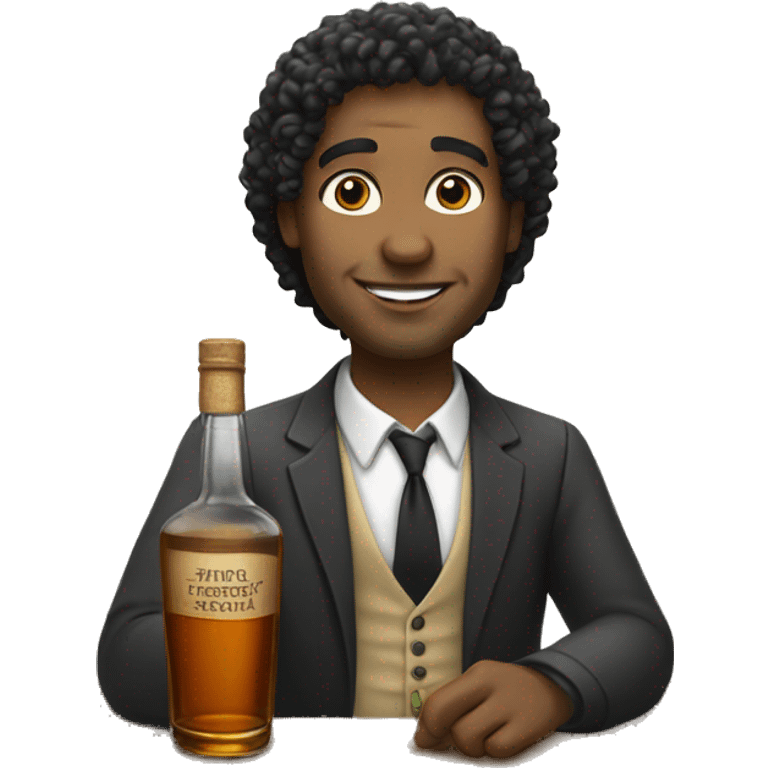 A white teacher with black curly hair drinking whiskey from the bottle emoji