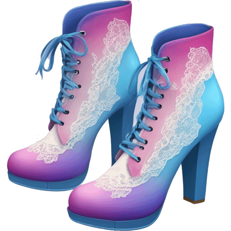 Realistic isolated top view of a pair of blue,sky blue,pink and purple ombre high heel ankle boots with white cream lace. emoji