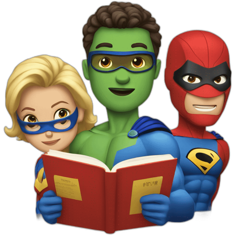 three superheroes reading books emoji