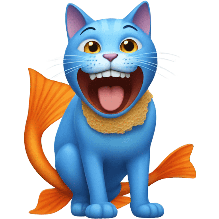 a blue cat smiling with an orange fish emoji