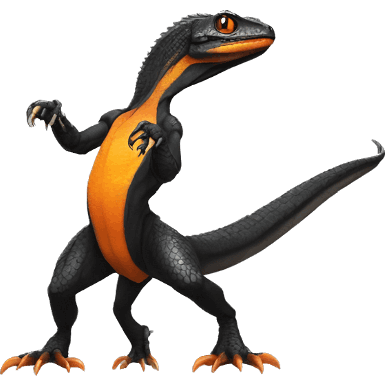 Black Shiny Lizard-Reptile-Raptor-Fakémon with Orange belly Full Body emoji