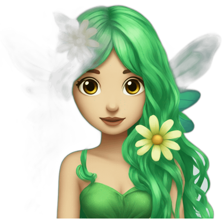 long green hair fae dress with wings sitting on flower emoji