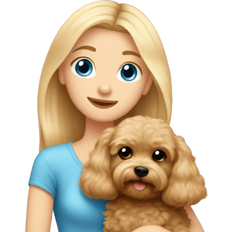 Blonde girl with long straight hair and blue eyes is hugging a small brown maltipoo emoji