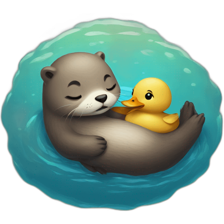 otter holding hands with a duck while sleeping on the water emoji