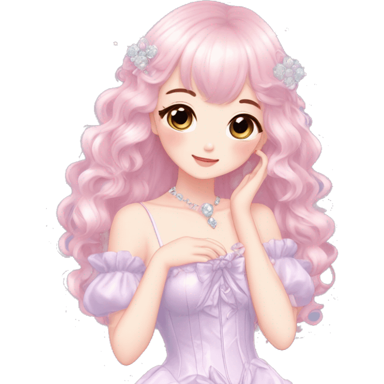 Dreamy pretty elegant kawaii shiny blushing shy anime pastel lady kawaii beautiful hair naturecore fairycore cottagecore jewels trending aesthetic full body emoji