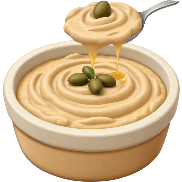 Cinematic Realistic Hummus Dish Emoji, depicted as a creamy chickpea dip drizzled with olive oil rendered with rich textures and warm, inviting lighting. emoji