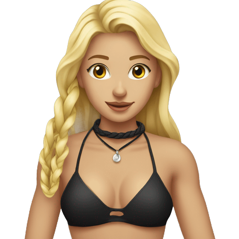 Blonde girl in black bikini. Wristband. Necklace. Rope emoji