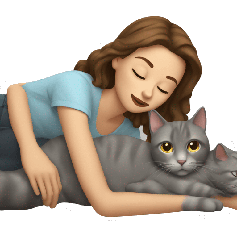 Woman with brown hair laying down with a gray cat emoji